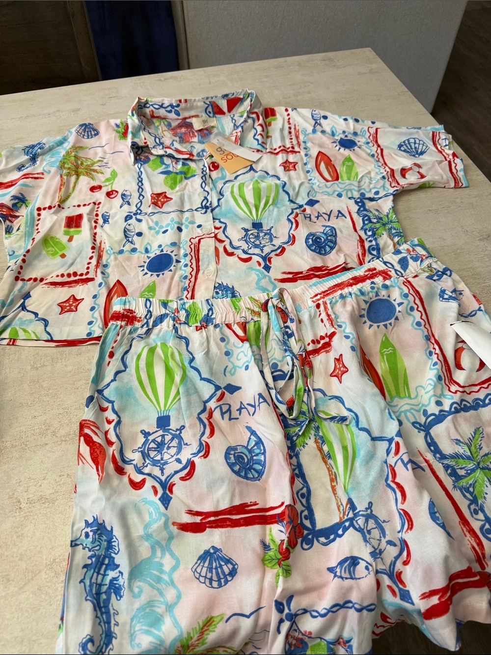 Women’s Short & button crop top playa beach Set - Multicolor Nautical Print. Xl